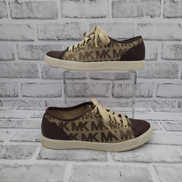 MK Michael Kors Logo Sneakers Brown Tan Canvas Leather Cap Toe Size 6.5 - Picture 4 of 10